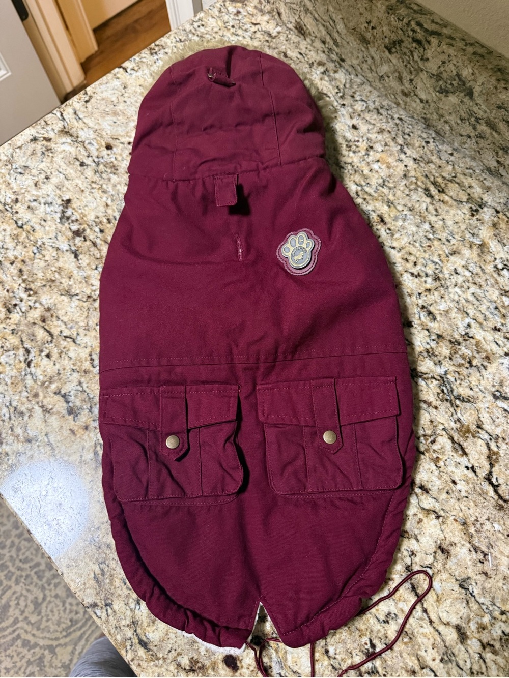 Maroon Hooded Dog Parka with Paw Patch and Utility Pockets